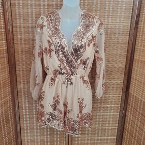 ☆ Showpo. Big Baller Playsuit Romper Rose Gold Sequin Beige Size 8